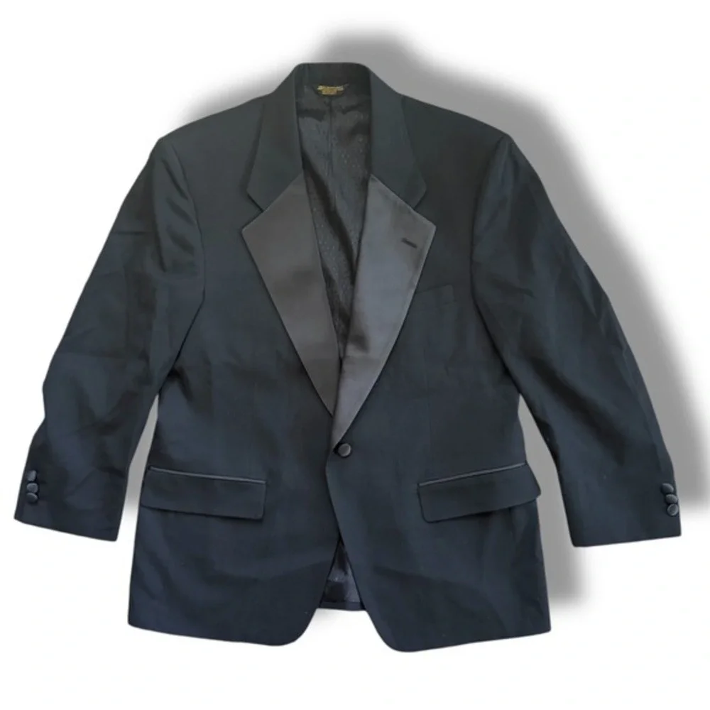 Vintage‎ Bill Blass Menswear 1980s Black Wool Tuxedo Jacket Satin Lapels 42R